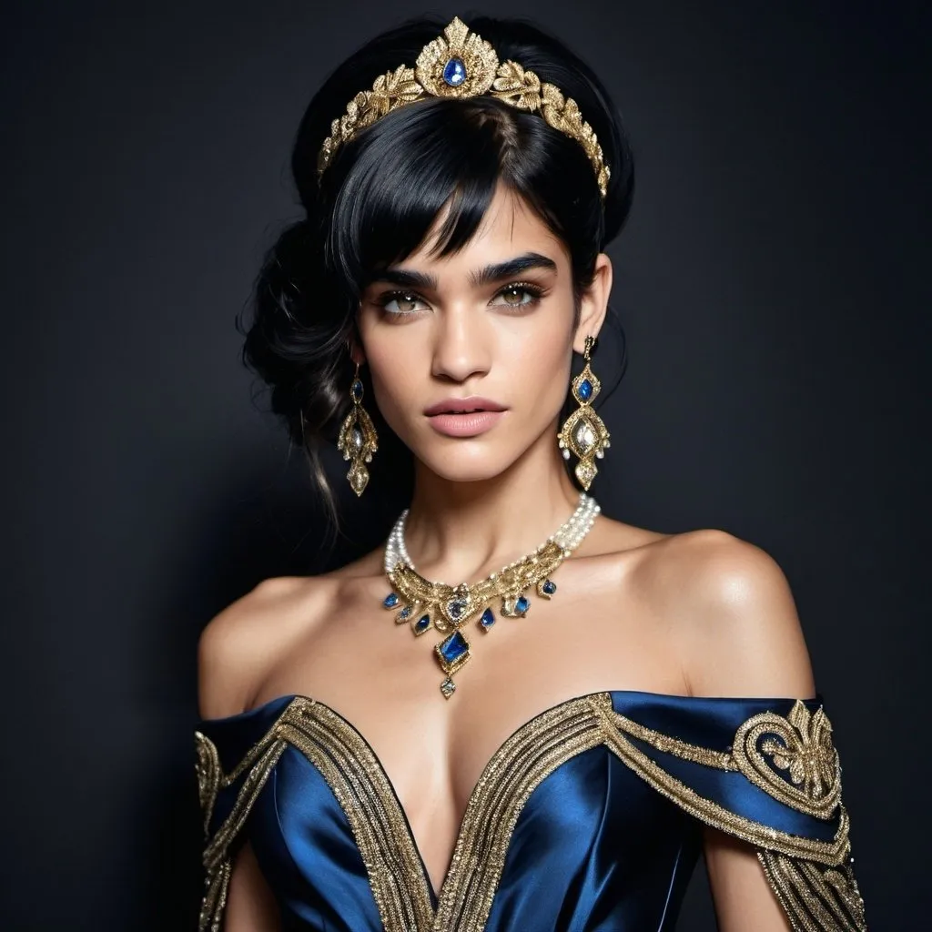 Prompt: Ingush , Sofia Boutella-like woman in a medieval style black silk and shimmering gold dress, adorned with blue and gold jewels, gold coiling bands on arms, pearl rings on fingers, hair swept up high and cascading onto left shoulder, high fashion, detailed facial features, luxurious material, highres, elegant, glamorous, sophisticated, shimmering, opulent, detailed hair, professional lighting Ingush