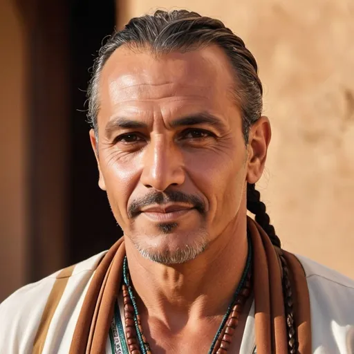 Prompt: Algerian middle-aged man with toned muscles, named Alessario Bancroft, wearing native influenced clothes, short braided hair, uncle, detailed facial features, traditional art style, warm earthy tones, natural lighting, high quality, detailed muscles, cultural attire, personal connection, traditional, warm lighting