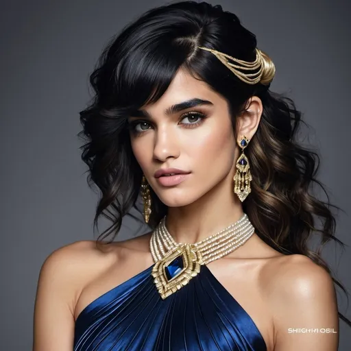 Prompt: Ingush , Sofia Boutella-like woman in a black silk and shimmering gold dress, adorned with blue and gold jewels, gold coiling bands on arms, pearl rings on fingers, hair swept up high and cascading onto left shoulder, high fashion, detailed facial features, luxurious material, highres, elegant, glamorous, sophisticated, shimmering, opulent, detailed hair, professional lighting Ingush