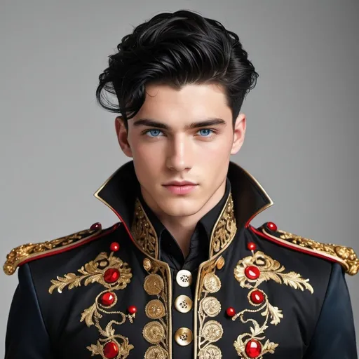 Prompt: a handsome  strong, 20-year-old man with black hair, high and tight, and blue eyes, clothes, black jacket with strange stitches and pieces that made it fit perfectly, Gold and red thread glimmered ornate designs over the entire thing and the buttons were made of solid gold. He’d worn his own boots but they had polished them 