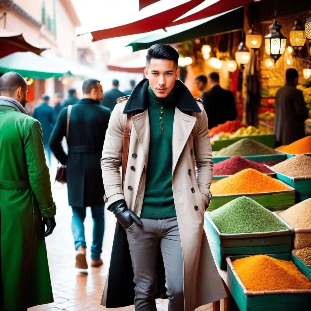 Prompt: Moroccan market setting, young  clean shaven Asian man, Brown casual boots, a green shirt, a dark gray wool sweater. a long gray trench coat. leather gloves, black satchel.  hight and tight sharp haircut.
