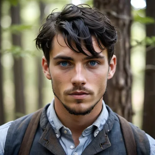 Prompt: Handsome but thin, 22-year-old with longish black hair and bangs, and intense blue eyes, bruises, convict, thin, escaped, injured, in woods,  big beard, escaping 1880's prison, tattered , ripped, old, dirty clothes, battle injury, future, rebels, war, refugee rebels, gritty, 