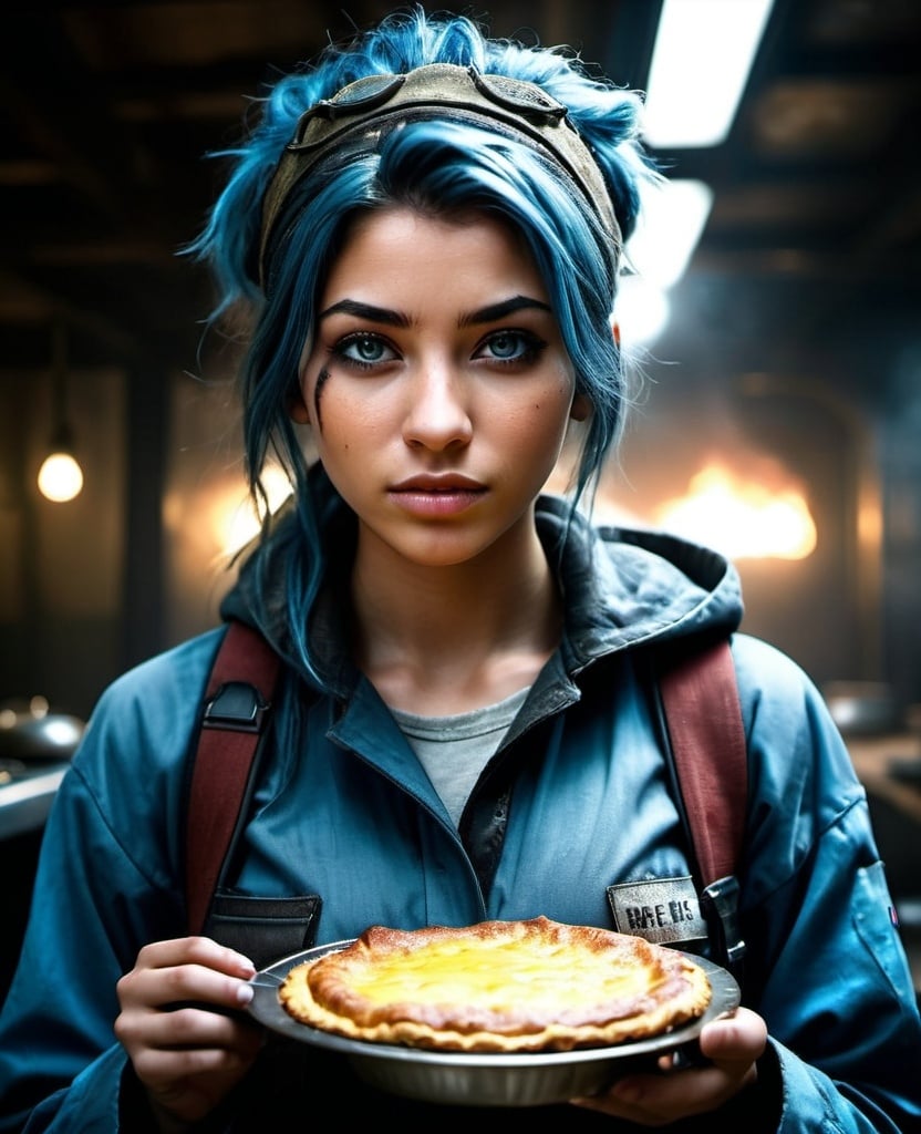 Prompt: Kianna, average looking, young rugged, homeless, 19 year old girl, baggy clothes, loves to cook, cinematic, heroic, pie, omlette, epic lighting, cool tones, detailed eyes, professional, gritty atmosphere, intense atmosphere, dramatic low professional lighting, post-apocalyptic setting, detailed eyes, highres, intense atmosphere, professional lighting, post-apocalyptic,, dramatic, rebel medic, blue tones