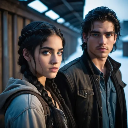 Prompt: Handsome 19-year-old young man with longish black hair and blue eyes, standing next to 22 year old girlfriend that looks like sofia boutella, amber eyes her braided hair, post apocalypse winter intense low light atmosphere, dramatic lighting, dynamic composition, gritty, captive, rebellious, detailed features, highres, intense lighting, emotional, gothic, detailed expression, atmospheric lighting, gritty