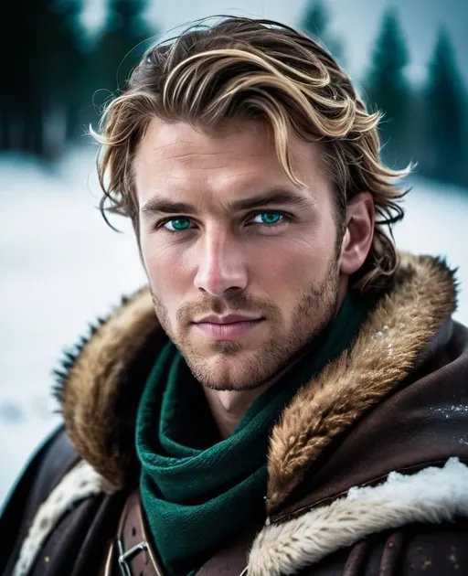 Prompt: The sandy hair man with small green eyes man he would later come to find out was Burgess, smiled. intense and determined gaze, worn leather armor, fur-lined cloak, snowy landscape, high quality, cinematic, heroic, epic lighting, cool tones, detailed eyes, professional, gritty atmosphere,intense atmosphere, dramatic low professional lighting, post-apocalyptic winter setting, detailed eyes, highres, intense atmosphere, professional lighting, post-apocalyptic, winter, dramatic, rebel medic, blue tones