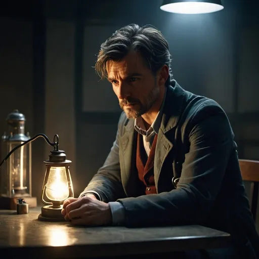 Prompt: Doctor Victatrain, battle weary, worry, resistance, rebels, injured, underground, gritty, sitting a table, cinematic, dramatic, moody lights
