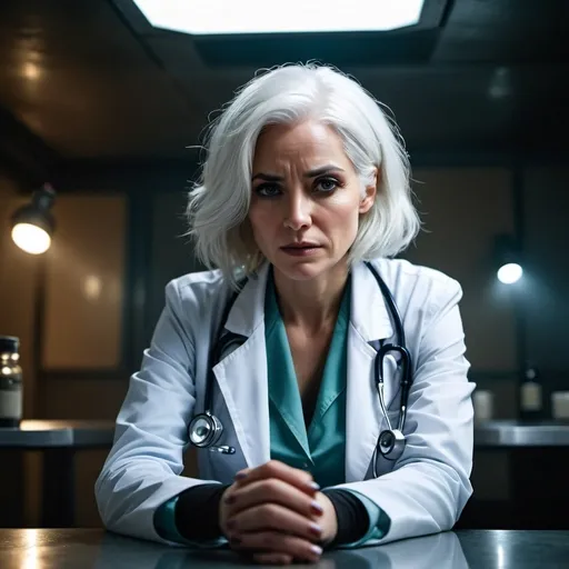 Prompt: undercover doctor, white hair female medical Kimbel, battle weary, worry, resistance, rebels, injured, underground, gritty, sitting a table, cinematic, dramatic, moody lights
