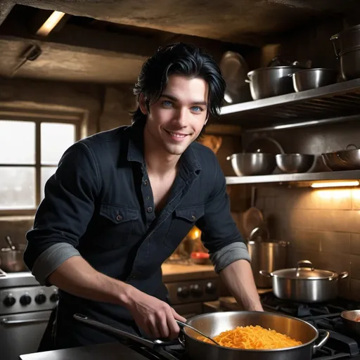 Prompt: handsome, black hair, blue-eyed young man, innocent face,  grinning, underground, cooking in the kitchen, with his wife intense atmosphere, dramatic  low  professional lighting, winter, post apocalyptic urban fantasy setting, dramatic lighting, intricate architectural details, high quality, realistic fantasy, urban setting, detailed expressions, dramatic lighting, 