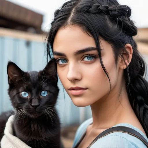 Prompt: handsome 18-year-old young man with  black hair and innocent icy blue eyes, sweet face,woman with sofia boutella-like face with brown eyes, her braided hair, post apocalypse summer  emotional, taking care of black kitten