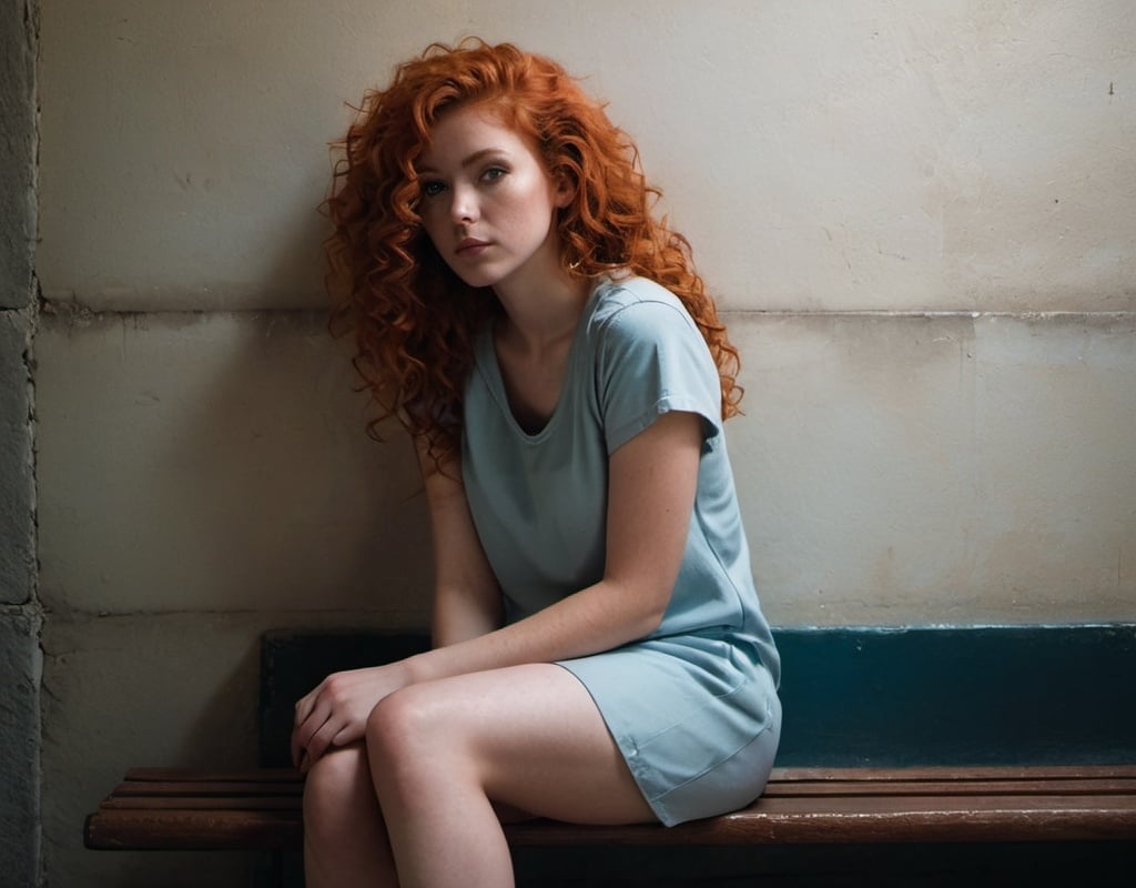 Prompt: girl sitting on a bench at the far wall of the prison cell. She stared at him down the sharp edges of her cheeks partly hidden behind her curly red hair, her body relaxed as it slouched against the wall, legs crossed. 