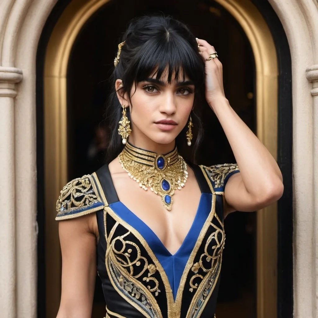 Prompt: woman, sofia boutella features, a radiant woman in a dress of black and gold stook at the entrance of the arched doors. Her neck was adorned with blue and gold jewels, her arms were covered  in coiling bands and her fingers with pearls.  The woman’s hair was swept up and back and cascaded onto her left shoulder. Her face was  transformed and he did not know at whom he slacked his jaw until she cut a sharp gaze at him, those eyes of amber gold.  His wife.