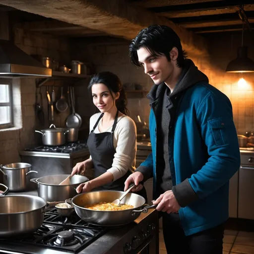 Prompt: handsome, black hair, blue-eyed young man, innocent face,  grinning, underground, cooking in the kitchen, with his wife intense atmosphere, dramatic  low  professional lighting, winter, post apocalyptic urban fantasy setting, dramatic lighting, intricate architectural details, high quality, realistic fantasy, urban setting, detailed expressions, dramatic lighting, 