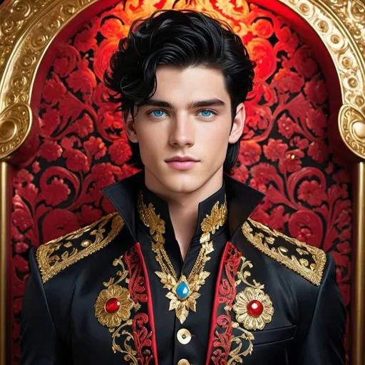 Prompt: a handsome  strong, 20-year-old man with black hair and blue eyes,clothes, said he’d match her for the evening. It was a black jacket with strange stitches and pieces that made it fit perfectly, Gold and red thread glimmered ornate designs over the entire thing and the buttons were made of solid gold. He’d worn his own boots but they had polished them 