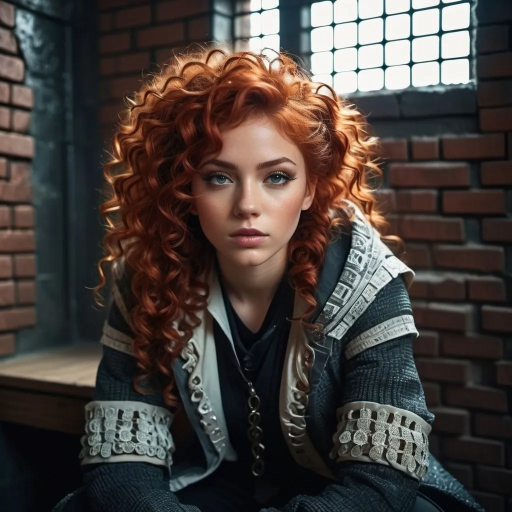 Prompt: Savvy scrappy girl in patched winter clothes, sitting in a dank poor brick prison cell, curly red hair framing her face, being givien in very ornate wood office by , detailed clothing textures, highres, ultra-detailed, futuristic, prison, curly hair, scrappy fashion, cool tones, dramatic lighting