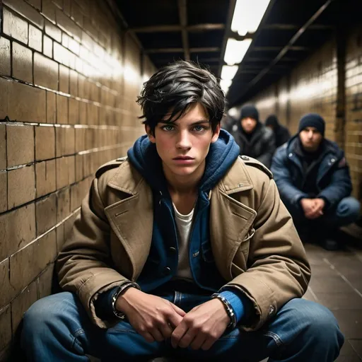 Prompt: handsome, black hair, blue-eyed 17 year old homeless boy, wearing old worn out and patched up coat, detained, seated against brick wall in subway tunnel, handcuffs, surrounded by masked soldiers in black, kidnappers, intense atmosphere, dramatic lighting, dynamic composition, gritty, Warzone, captive, rebellious, dramatic lighting, professional lighting
