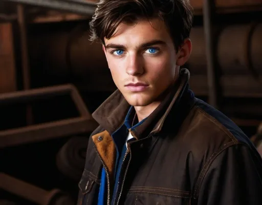 Prompt: Realistic, high-quality portrait of an 18-year-old male,  strong, intense gaze, serious expression, bright blue eyes, long unkempt black hair with bangs, iron worker in a junkyard setting, wearing a brown jacket,blue collar, intense gaze, serious expression, junkyard setting, realistic, professional, atmospheric lighting