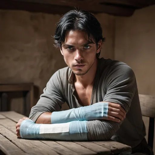 Prompt: handsome  young, black hair young man with icy blue eyes, sickly, thin, skinny, sickly, injured, classic hand injury wrap, both wrists with bandage,  injured western setting, world, resistance, rebels, underground, gritty, sitting a table
