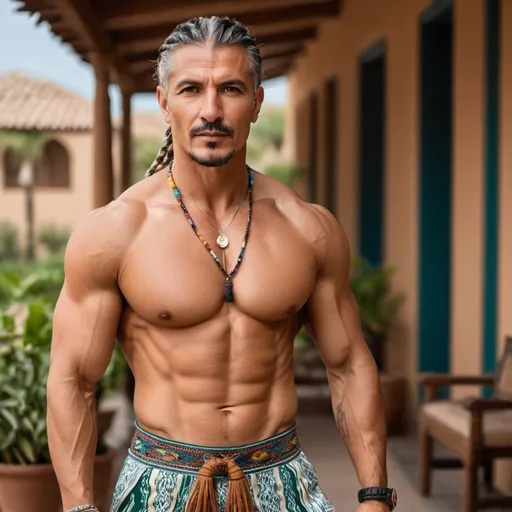 Prompt: Algerian, toned muscles, middle age, named Alessario Bancroft, Uncle, Native influenced clothes, short braided hair