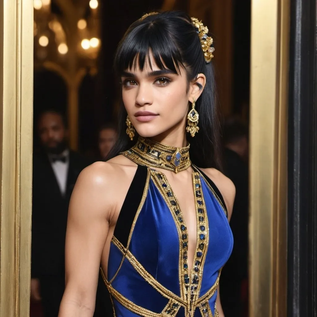 Prompt:  sofia boutella features, a radiant woman in a dress of black and gold stook at the entrance of the arched doors. Her neck was adorned with blue and gold jewels, her arms were covered  in coiling bands and her fingers with pearls.  The woman’s hair was swept up and back and cascaded onto her left shoulder. Her face was  transformed and he did not know at whom he slacked his jaw until she cut a sharp gaze at him, those eyes of amber gold.  His wife.