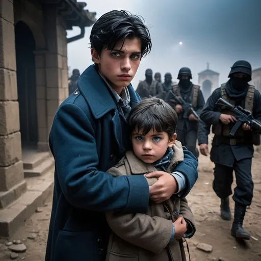 Prompt: handsome, black hair, blue-eyed 16 year old poor civilian boy, wearing old wornout peet coat, carrying small young female child in his arms, guarded by masked soliders, kidnappers,  gothic temple setting, Refugee, intense atmosphere, dramatic lighting, dynamic composition, gritty, Warzone, captive, rebellious, dramatic lighting, professional lighting