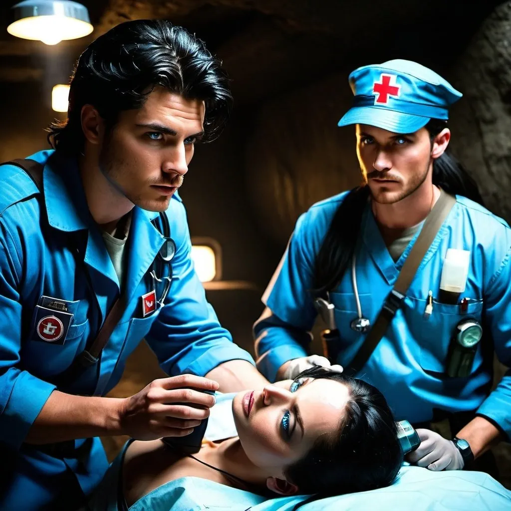 Prompt: Intense ER scene with two rebel medics, handsome 20-year-old man with black hair and blue eyes, and 50 year old Prof Stanza, aid station, dramatic low professional lighting, intense atmosphere, rebel medics, post-apocalyptic setting, detailed facial features, professional, dramatic lighting, intense atmosphere, underground rebels, highres, dramatic, post-apocalyptic,  rebel medics