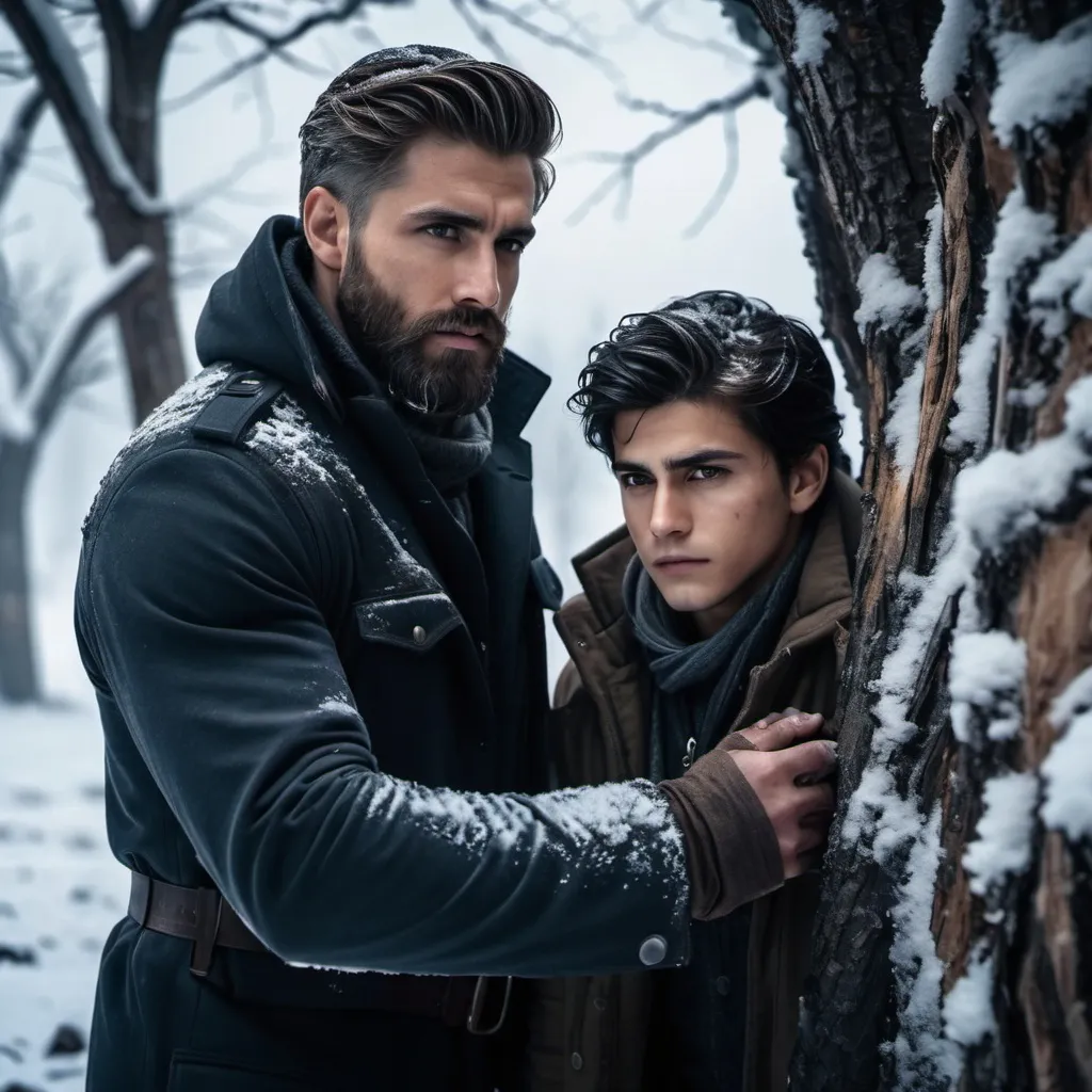 Prompt: (handsome bearded man, helping a injured handsome dark hair 16 year boy at the base of a tree),,snowy landscape, harsh cold atmosphere, brutal scene with evident injuries, rugged textures, dramatic lighting emphasizing shadows, War zone intricate details in tree bark and snowy ground, moody and gritty ambiance, ultra-detailed, high quality 4K resolution.