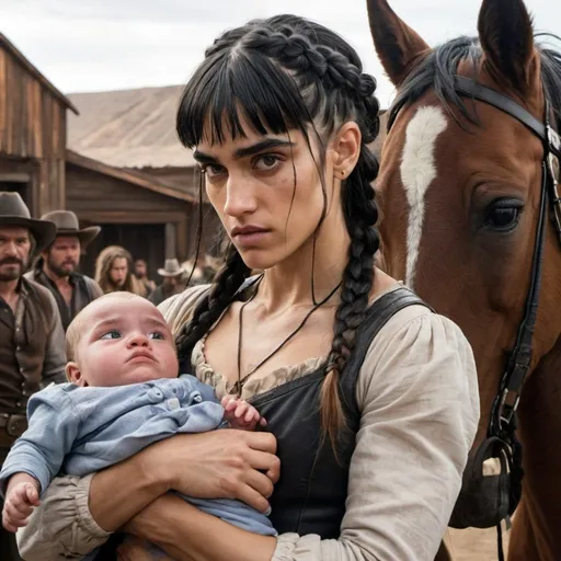 Prompt:   woman with braided hair and sofia Boutella features fights off attackers while holding a baby  and  western, set in travel, midwest
