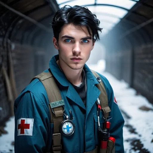 Prompt: handsome, black hair, blue-eyed 20 year old man, innocent face,  dressed in medic smock, medic underground rebels. intense atmosphere, dramatic  low  professional lighting, winter, post apocalyptic