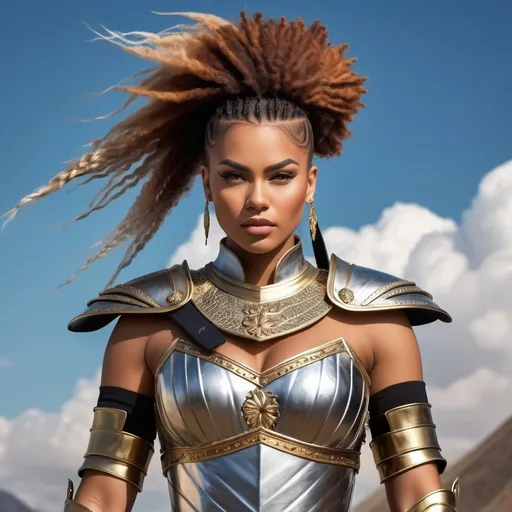 Prompt:  portrait of a warrior queen, with hair made up in high top. powerful stance, strong female character, royalty