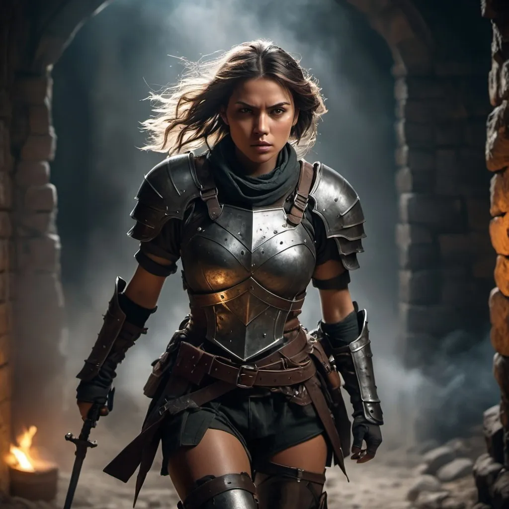 Prompt: (dungeon setting), (heroic woman soldier), intense battle action, dramatic lighting, smoky atmosphere, chains and stone walls, fierce determination on her face, shadows playing on her armor, soldiers clashing in the background, deep earth tones mixed with cold steel hues, focus on freedom struggle, high detail, 4K quality, cinematic ambiance.