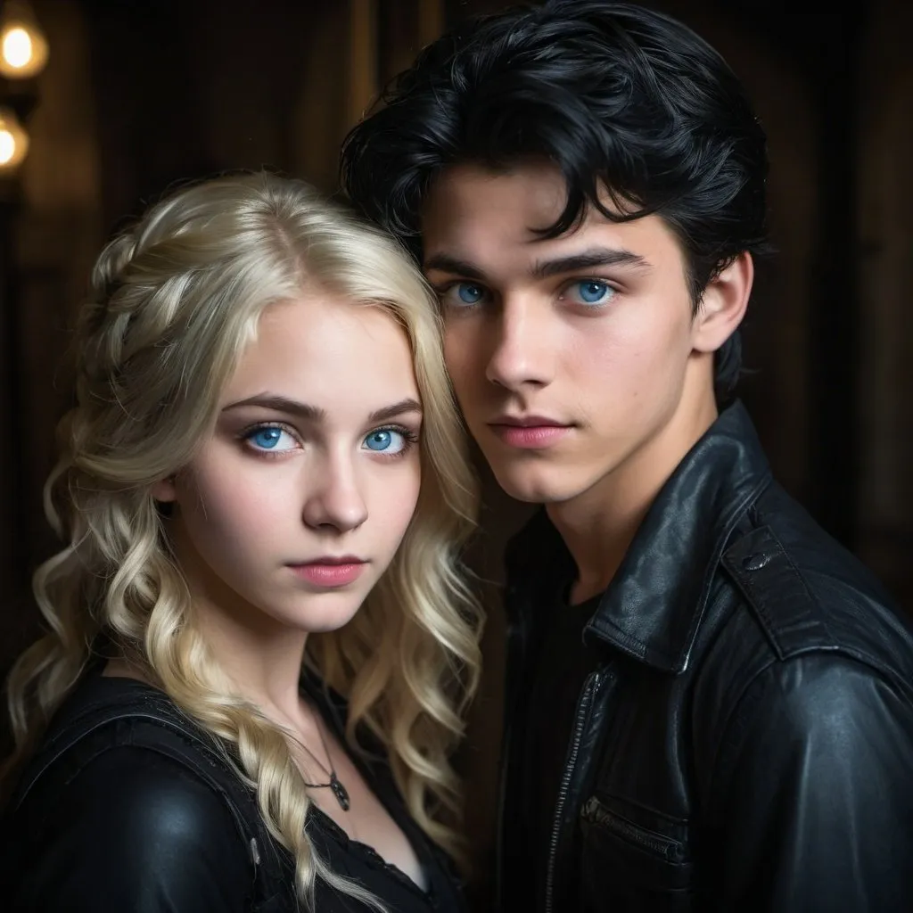 Prompt: handsome, black hair, blue-eyed 16 year old male, with older blond wavy hair girlfriend, black gothic temple setting, Refugee, intense low light atmosphere, dramatic lighting, dynamic composition, gritty,, captive, rebellious, dramatic lighting, professional lighting