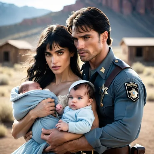 Prompt: beautiful woman  with sofia Boutella features fights off soldier while holding a baby with one arm, dusty western setting, handsome dark hair man with icy blue eyes, mamabear, defender,  intense action, realistic, rugged, dramatic lighting, midwest, high quality, action, dramatic, midwestern, intense, detailed faces, strong woman, dynamic composition