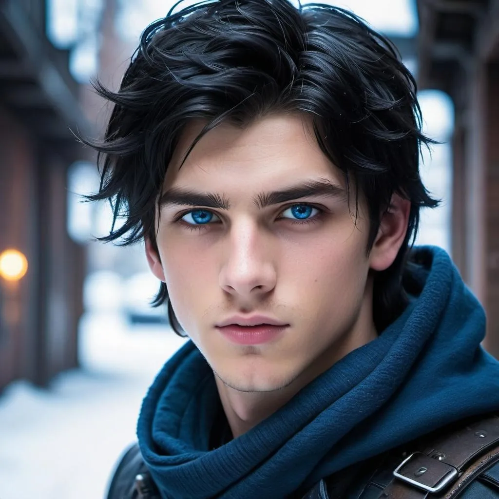 Prompt: handsome, black hair, blue-eyed 18 year old man, innocent face,   rebels. intense atmosphere, dramatic  low  professional lighting, winter, post apocalyptic urban fantasy setting, dramatic lighting, intricate architectural details, high quality, realistic fantasy, urban setting, detailed expressions, dramatic lighting, 