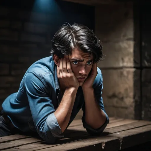 Prompt: He made no attempt to stand from the small plank knowing he was incapable and hunched over his knees, face  in his hands, covering his face.   young man with black hair and blue eyes, injured, resistance, rebels, underground, cinematic, dramatic, moody lighting, gritty, table scene, detailed facial expressions, professional, highres, cinematic lighting, dramatic storytelling