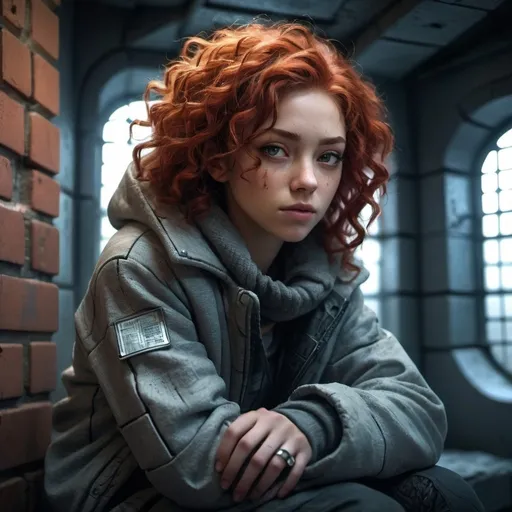 Prompt: Savvy, scrappy girl in winter clothes, futuristic brick prison cell, relaxed slouching position, curly red hair, sharp facial features, patched together clothing, atmospheric lighting, detailed curls, highres, futuristic, urban, cool tones, gritty texture, detailed clothing