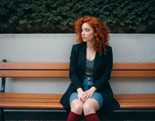 Prompt: girl sitting on a bench at the far wall. She stared at him down the sharp edges of her cheeks partly hidden behind her curly red hair, her body relaxed as it slouched against the wall, legs crossed. 