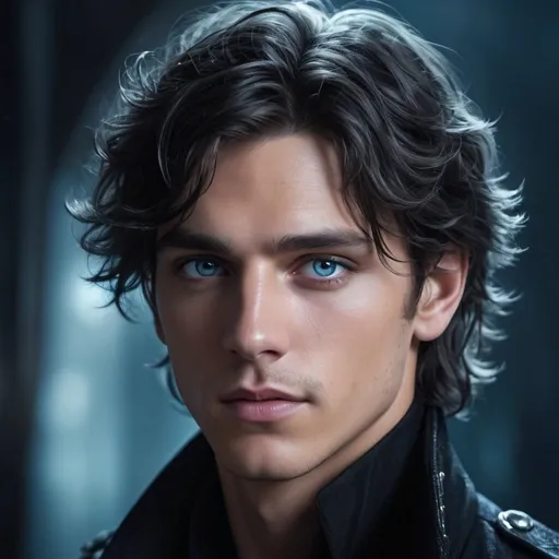 Prompt: Young man with a deep black disheveled hair, cool-toned digital illustration, icy blue eyes, Eric Roberts-like appearance, Rhysand's manners, detailed facial features, moody lighting, fantasy, cool tones, disheveled hair, detailed eyes, digital art, highres, atmospheric lighting
