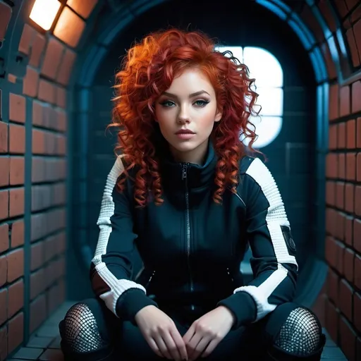 Prompt: Savvy scrappy girl in patched winter clothes, sitting in a futuristic brick prison cell, curly red hair framing her face, relaxed posture, detailed clothing textures, highres, ultra-detailed, futuristic, prison, curly hair, scrappy fashion, cool tones, dramatic lighting