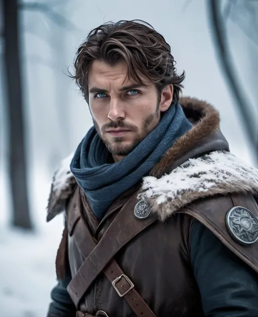 Prompt: Leader of the Northern Resistance, 30-year-old male hero, spy, rugged and weathered appearance, intense and determined gaze, worn leather armor, fur-lined cloak, snowy landscape, high quality, cinematic, heroic, epic lighting, cool tones, detailed eyes, professional, gritty atmosphere,intense atmosphere, dramatic low professional lighting, post-apocalyptic winter setting, detailed eyes, highres, intense atmosphere, professional lighting, post-apocalyptic, winter, dramatic, rebel medic, blue tones