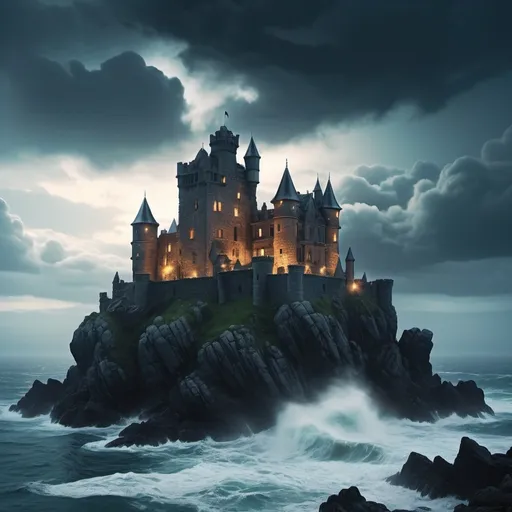 Prompt: (mysterious mcdermott castle), perched on a rocky island, surrounded by turbulent sea waves, dramatic clouds overhead, atmospheric mist enveloping the landscape, ethereal lighting illuminating the ancient stone structure, enchanting and eerie ambiance, rich details on the castle's walls, high-quality (4K), cinematic composition, breathtaking and captivating scenery.