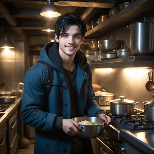 Prompt: handsome, black hair, blue-eyed young man, innocent face,  smiling, underground, cooking in the kitchen, intense atmosphere, dramatic  low  professional lighting, winter, post apocalyptic urban fantasy setting, dramatic lighting, intricate architectural details, high quality, realistic fantasy, urban setting, detailed expressions, dramatic lighting, 