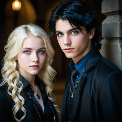 Prompt: handsome, black hair, blue-eyed 16 year old male, with older blond wavy hair girlfriend, black gothic temple setting, Refugee, intense low light atmosphere, dramatic lighting, dynamic composition, gritty,, captive, rebellious, dramatic lighting, professional lighting