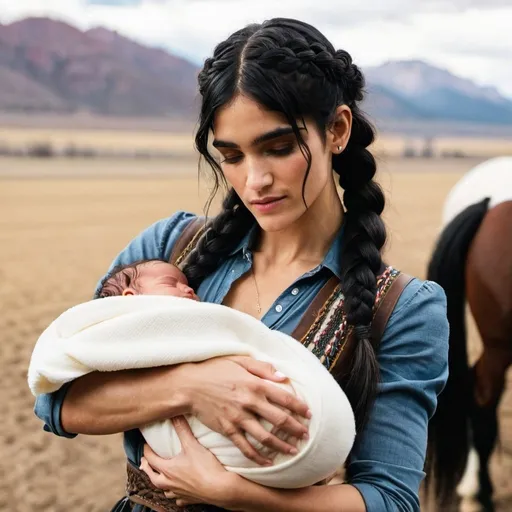 Prompt:   woman with sofia Boutella features and braided hair holding a new born baby girl  in her arms with  dark hair, western, set in travel, midwest farm
