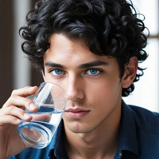 Prompt: Warryk  handsome black hair blue eyed young man, grabbed the bullies leader by his curly hair and yanked his head back and  pouring his glass of water down his nose and throat. 
