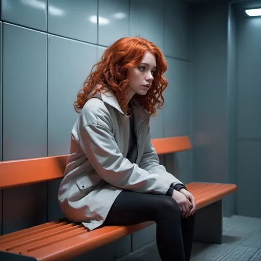 Prompt:  girl fully dressed in winter clothes sitting on a bench at the far wall of a futuristic  prison cell. She stared at him down the sharp edges of her cheeks partly hidden behind her curly red hair, her body relaxed as it slouched against the wall, 