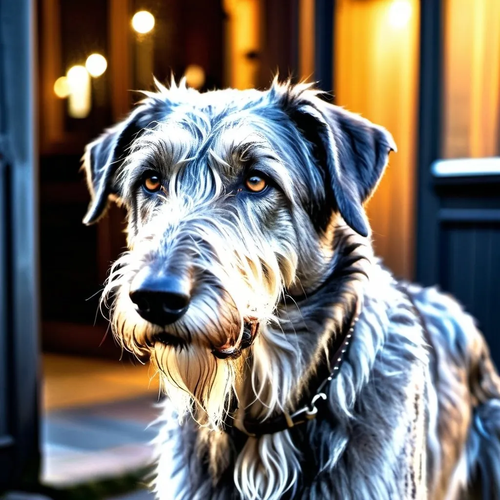 Prompt: Enormous matted gray irish wolfhound,  aged 20 years intense gaze, non-aggressive demeanor, detailed fur with cool reflections, urban setting, highres, detailed eyes, professional, atmospheric lighting, warm and ominous tones