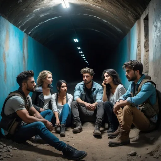 Prompt: post apocalypse, underground tunnel, four rebels , male and female sit on the ground and eat. They surround a handsome young early twenties male, with black hair in face, icy blue eyes,  