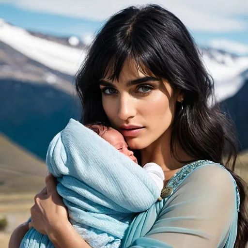 Prompt: create an image  woman with sofia Boutella features holding a new born baby girl  in her arms with  dark hair, icy blue eyes, western, set in travel
