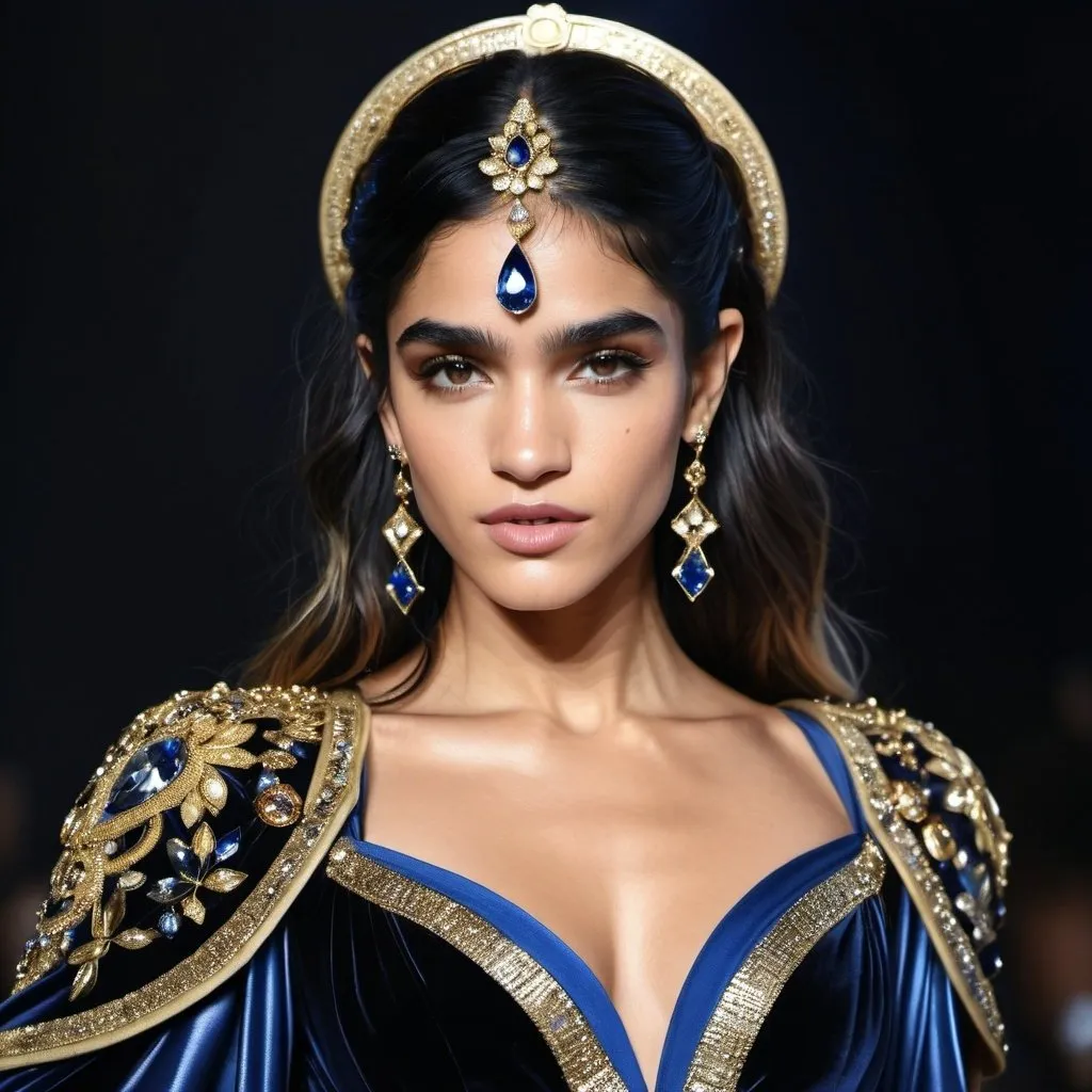 Prompt:  Sofia Boutella-like woman in a medieval flowing black silk and shimmering gold dress, adorned with epaulettes blue and gold jewels, arms and fingers covered in jewels, hair swept up high and cascading onto left shoulder, high fashion, detailed facial features, luxurious material, highres, elegant, glamorous, sophisticated, shimmering, opulent, detailed hair, professional lighting Ingush