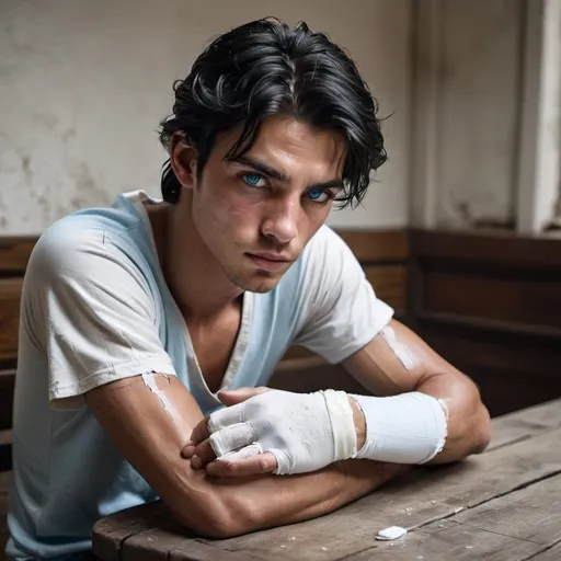 Prompt: handsome  young, black hair young man, with icy blue eyes, sickly, thin, skinny, grime, dirt, sickly, injured, classic hand injury white wrap, both wrists with white bandage,  injured, battle weary, worry, resistance, rebels, underground, gritty, sitting a table
